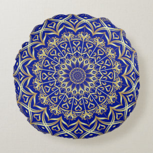Elegant Blue and Gold Mandala Decorative Round Cushion