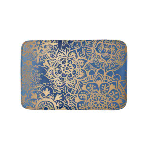Elegant Blue and Gold Mandala Pattern Bath Mat