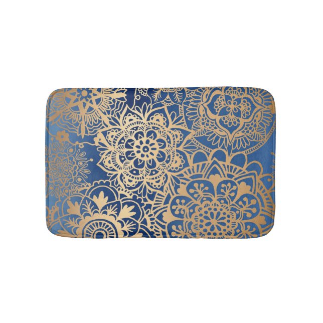 Elegant Blue and Gold Mandala Pattern Bath Mat (Front)