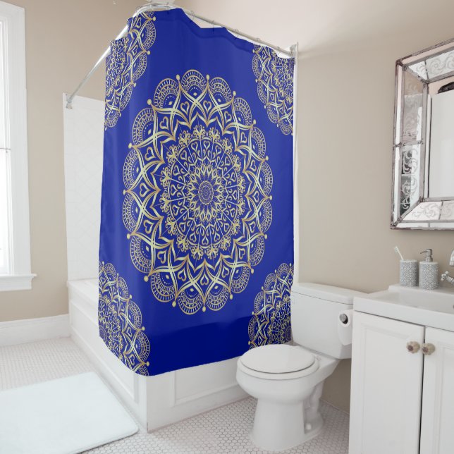 Elegant Blue and Gold Mandala Shower Curtain (In Situ)