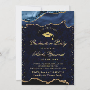 Elegant Blue and Gold Marble Agate Graduation Invitation