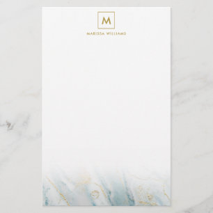 Elegant Blue and Gold Marble Texture Monogrammed Stationery