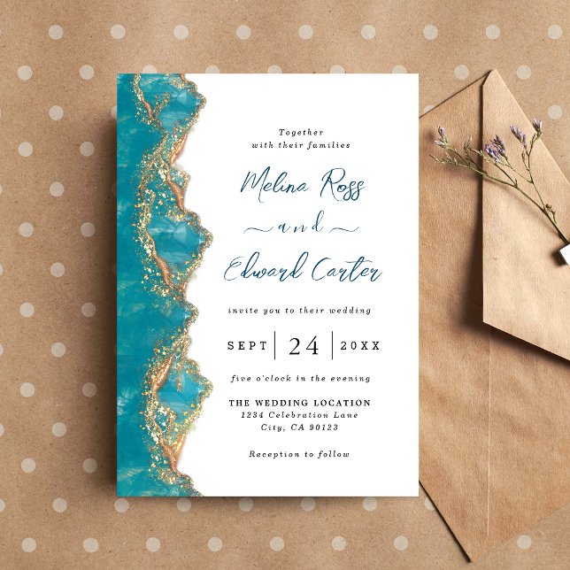 Elegant Blue And Gold Marble Wedding Invitation (Creator Uploaded)