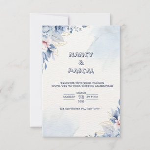 Elegant blue and gold marble wedding invitation