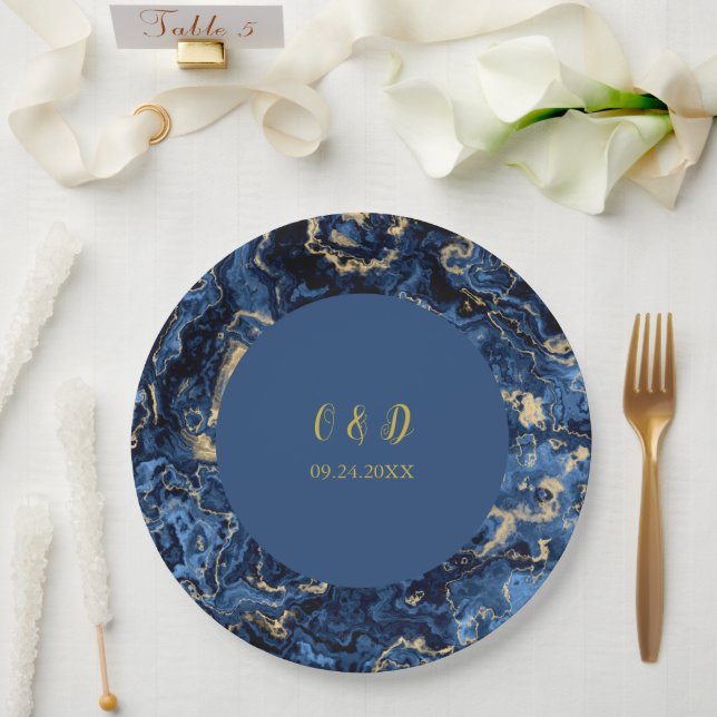 Elegant Blue And Gold Marble Wedding Paper Plate (Wedding)