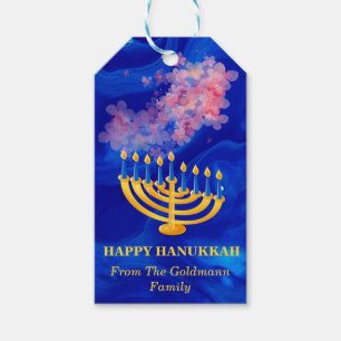 Elegant Blue And Gold Menorah Happy Hanukkah Gift Tags