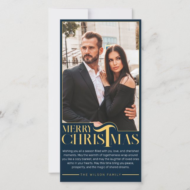 Elegant Blue and Gold Merry Christmas Family Photo Holiday Card (Front)