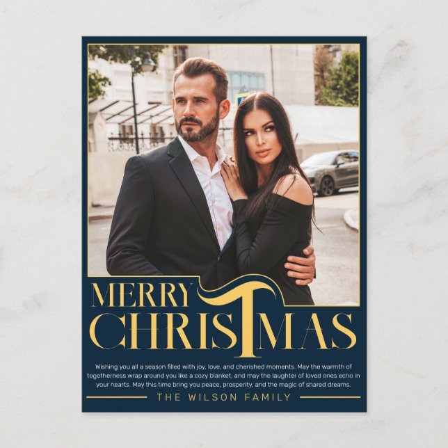 Elegant Blue and Gold Merry Christmas Family Photo Holiday Postcard (Front)