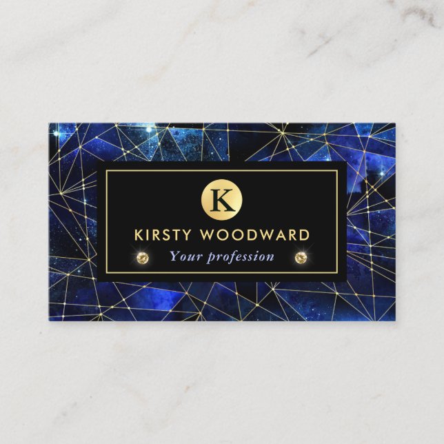 Elegant Blue and Gold Midnight Crystal Galaxy Business Card (Front)