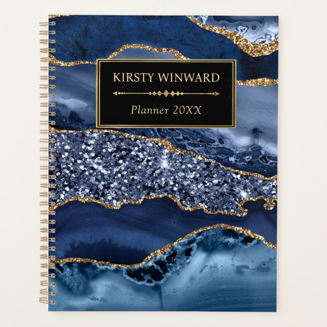 Elegant Blue and Gold Ocean Glitter Agate Planner (Front)