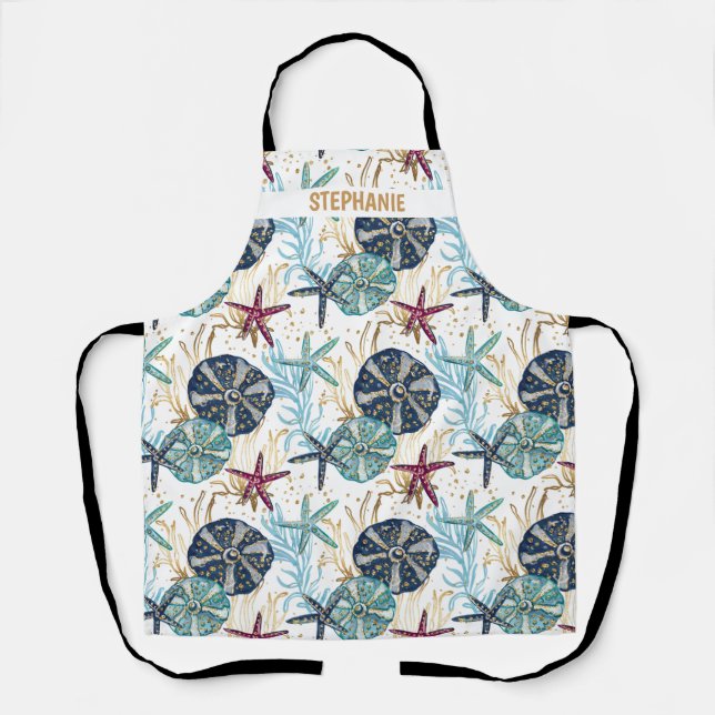 Elegant Blue and Gold Ocean Treasures Pattern Apron (Front)
