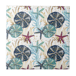 Elegant Blue and Gold Ocean Treasures Pattern Ceramic Tile