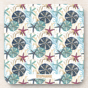 Elegant Blue and Gold Ocean Treasures Pattern Coaster