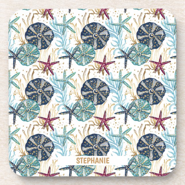 Elegant Blue and Gold Ocean Treasures Pattern Coaster (Front)