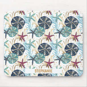Elegant Blue and Gold Ocean Treasures Pattern Mouse Pad