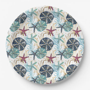 Elegant Blue and Gold Ocean Treasures Pattern Paper Plate