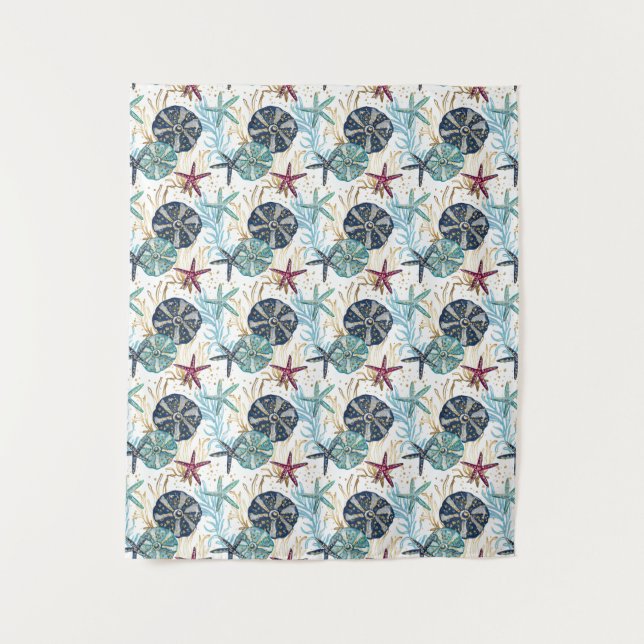 Elegant Blue and Gold Ocean Treasures Pattern Tapestry (Front)