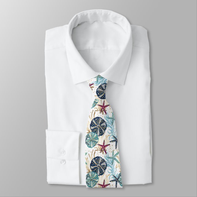Elegant Blue and Gold Ocean Treasures Pattern Tie (Tied)