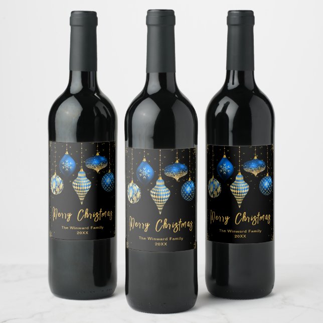 Elegant Blue and Gold Ornament Christmas Wine Label (Bottles)