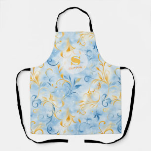 Elegant Blue and Gold Paisley-Inspired Leaf Apron