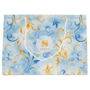 Elegant Blue and Gold Paisley-Inspired Leaf Large Gift Bag