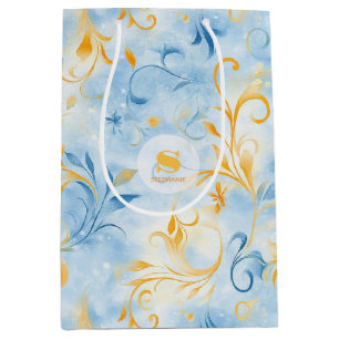 Elegant Blue and Gold Paisley-Inspired Leaf Medium Gift Bag