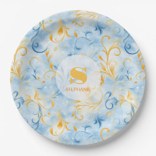 Elegant Blue and Gold Paisley-Inspired Leaf Paper Plate