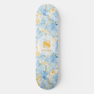 Elegant Blue and Gold Paisley-Inspired Leaf Skateboard