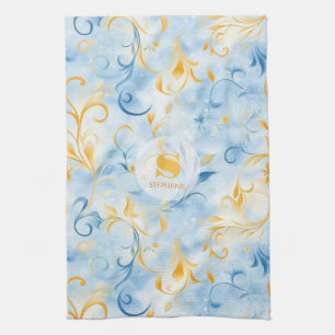Elegant Blue and Gold Paisley-Inspired Leaf Tea Towel