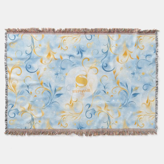 Elegant Blue and Gold Paisley-Inspired Leaf Throw Blanket (Front)