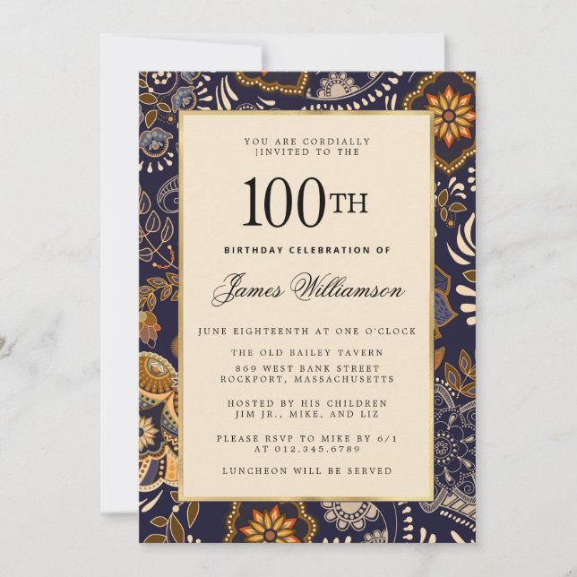 Elegant Blue and Gold Pattern 100th Birthday Invitation (Front)