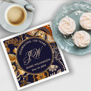 Elegant Blue and Gold Pattern 100th Birthday Napkin