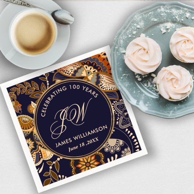 Elegant Blue and Gold Pattern 100th Birthday Napkin (Creator Uploaded)