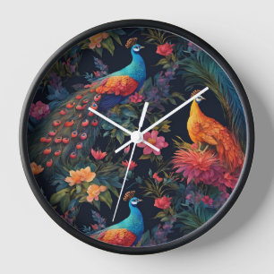 Elegant Blue and Gold Peacock in Colourful Garden Clock