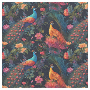 Elegant Blue and Gold Peacock in Colourful Garden  Fabric