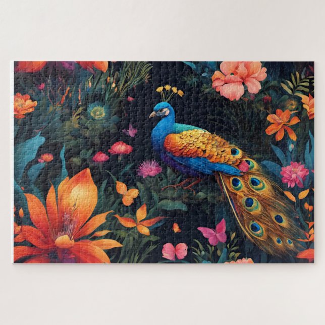 Elegant Blue and Gold Peacock in Colourful Garden Jigsaw Puzzle (Horizontal)