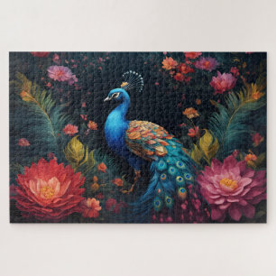 Elegant Blue and Gold Peacock in Colourful Garden Jigsaw Puzzle