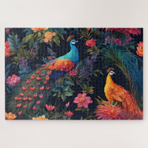 Elegant Blue and Gold Peacock in Colourful Garden Jigsaw Puzzle