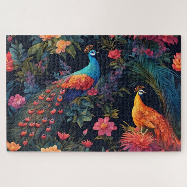 Elegant Blue and Gold Peacock in Colourful Garden Jigsaw Puzzle (Horizontal)