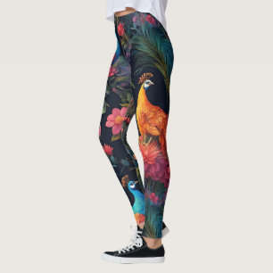 Elegant Blue and Gold Peacock in Colourful Garden Leggings