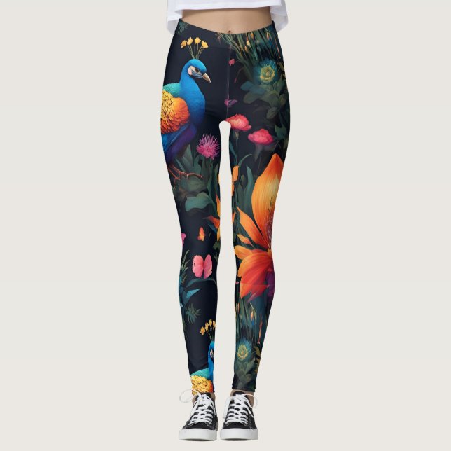 Elegant Blue and Gold Peacock in Colourful Garden Leggings (Front)