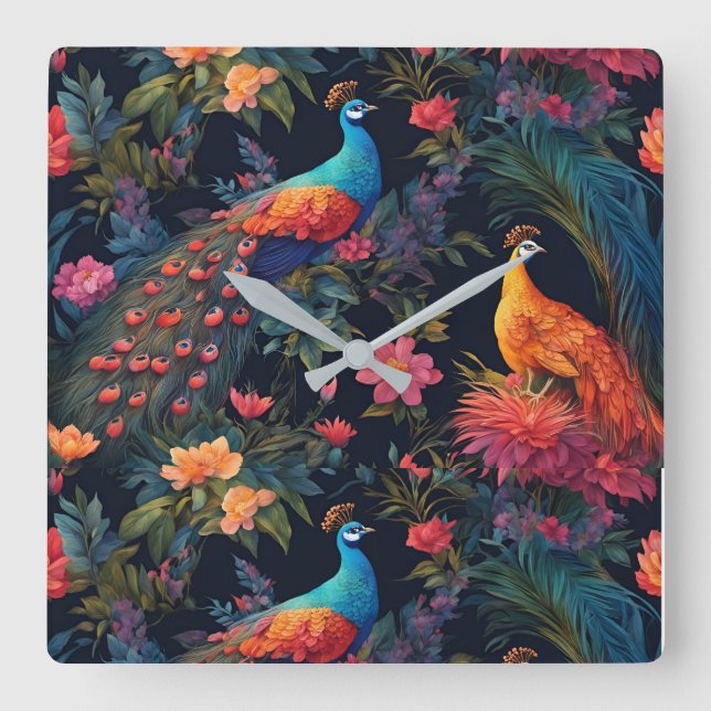 Elegant Blue and Gold Peacock in Colourful Garden Square Wall Clock (Front)
