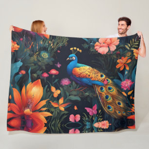Elegant Blue and Gold Peacock in Pink Garden Fleece Blanket