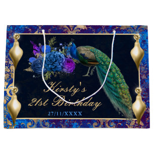 Elegant Blue and gold Peacock ornaments birthday Large Gift Bag