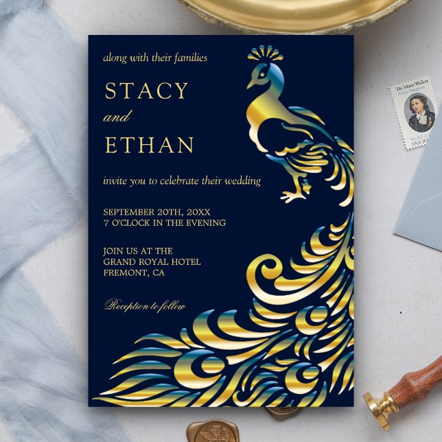 Elegant Blue and Gold Peacock Wedding Invitation (Creator Uploaded)