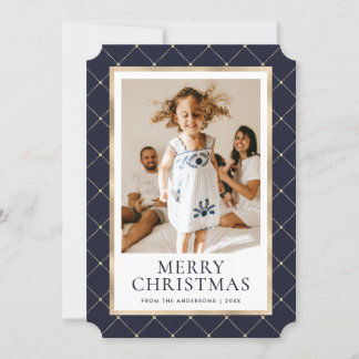 Elegant Blue and Gold Photo Merry Christmas Card