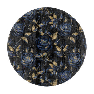 Elegant Blue and Gold Rose Floral Pattern Cutting Board