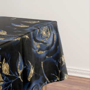 Elegant Blue and Gold Rose Floral Pattern Tablecloth
