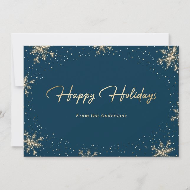 Elegant Blue and Gold Snowflake Holiday Card (Front)