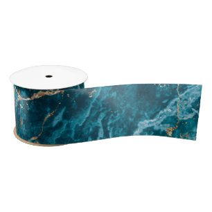 Elegant Blue and Gold Trendy Luxury Marble effect Satin Ribbon